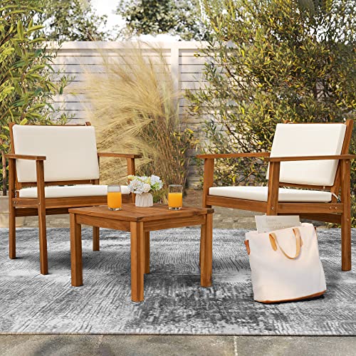 Flamaker Patio Chairs 3 Piece Acacia Wood Patio Furniture with Coffee Table & Cushions Outdoor Conversation Set Balcony Chairs for Porch, Deck