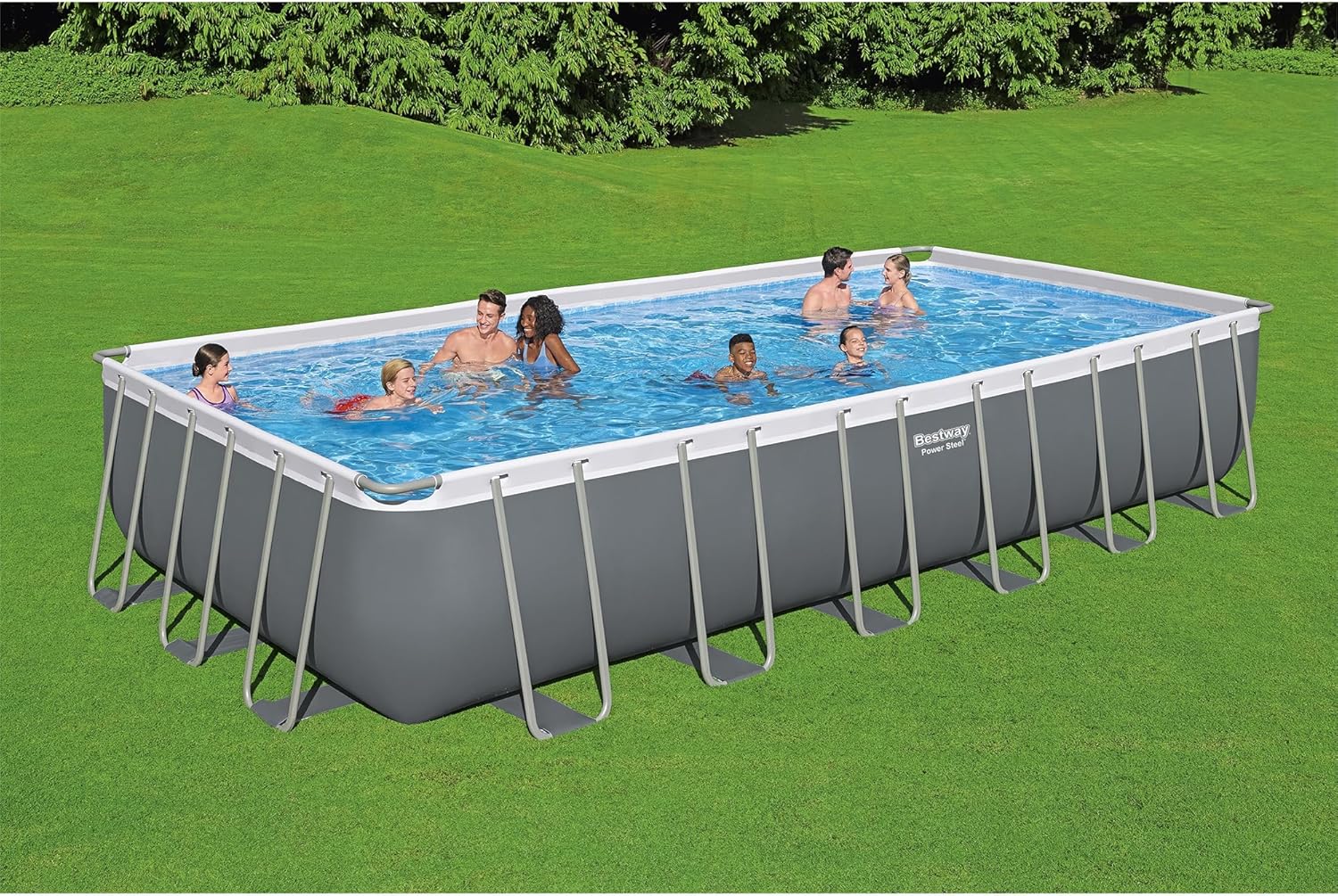 Bestway Power Steel 24' x 12' x 52" Rectangular Metal Frame Above Ground Swimming Pool Set with 1500 GPH Sand Filter Pump, Ladder, and Pool Cover