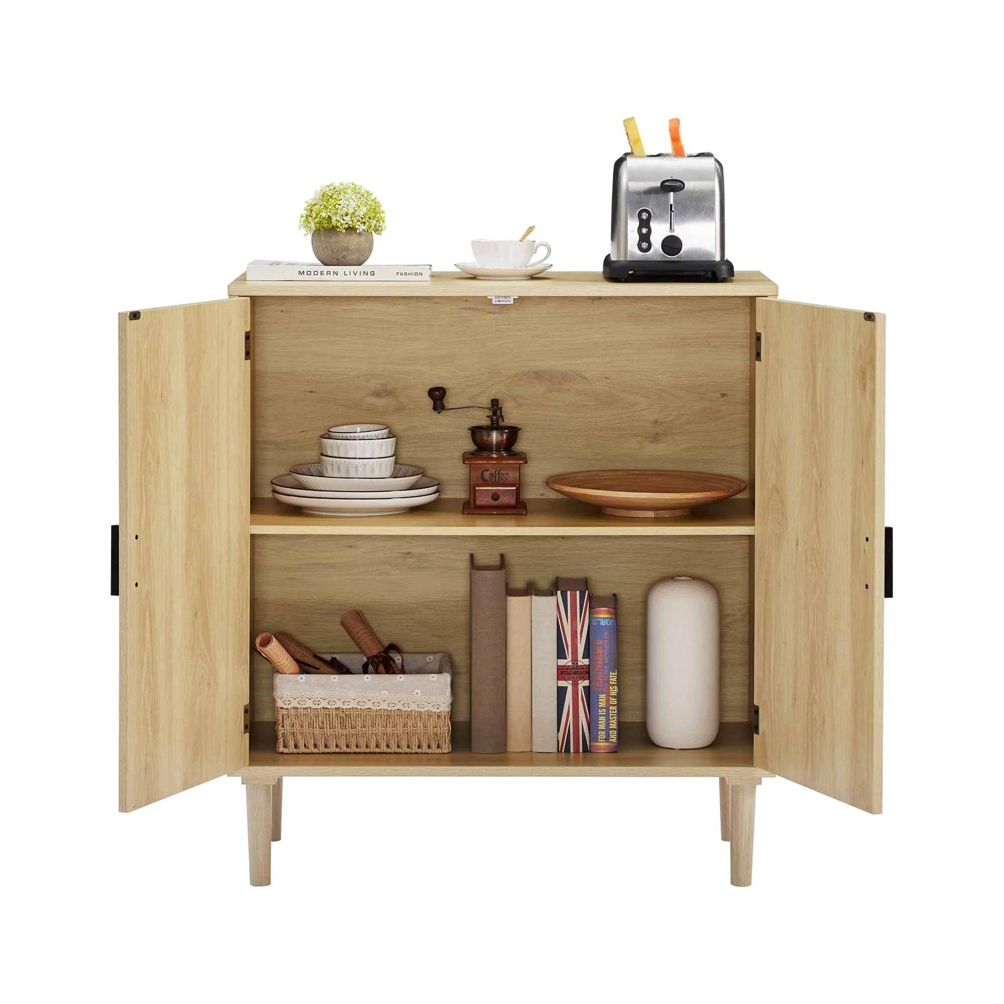 Modern Style Kitchen Storage Cabinet with Rattan Decorative Doors, Buffet, Natural, 31.5''W x 15.8''D x 34.6H.