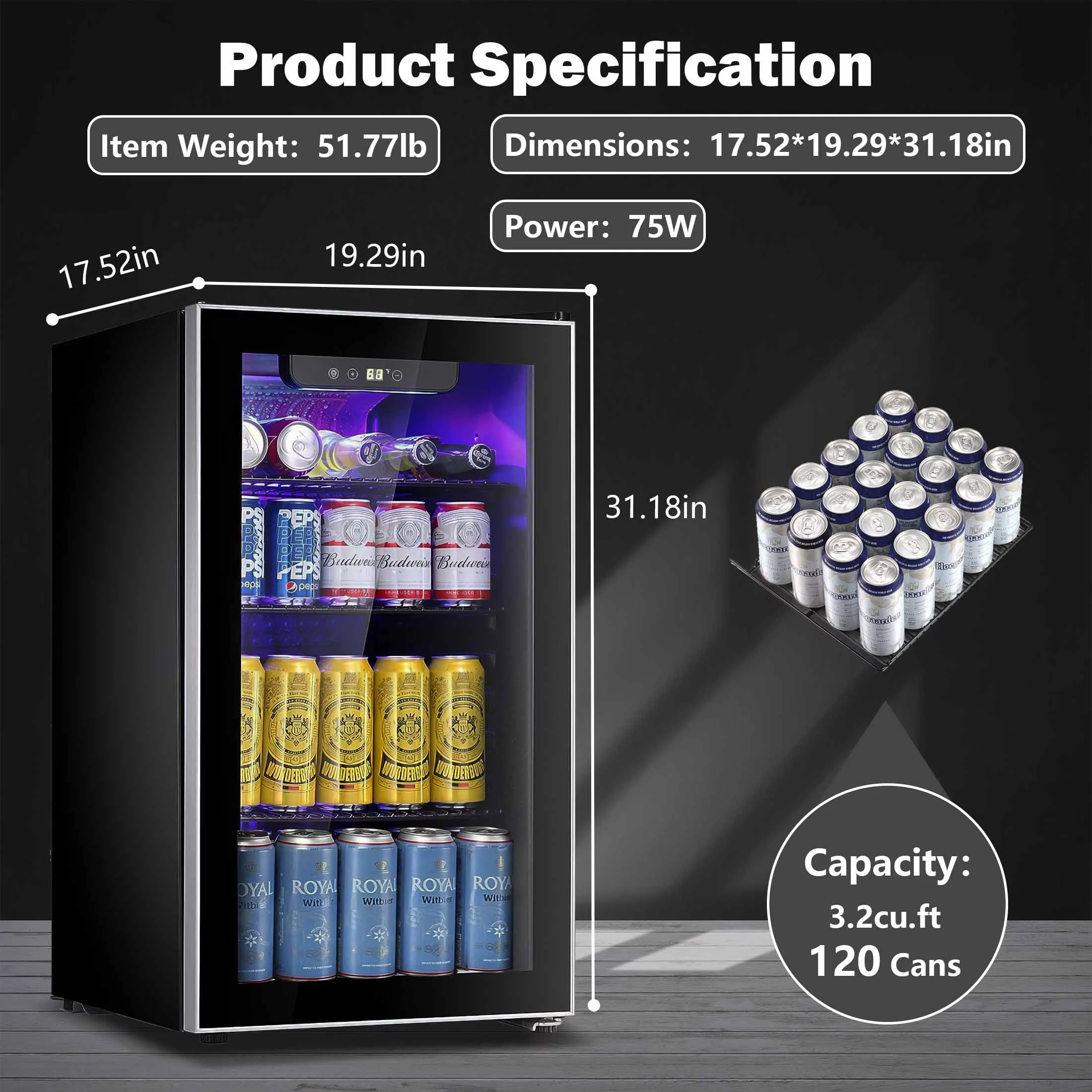 LHRIVER 3.2Cu.ft Beverage Refrigerator Cooler, 120 Can Mini Fridge, Freestanding Wine Chiller, Glass Door for Soda