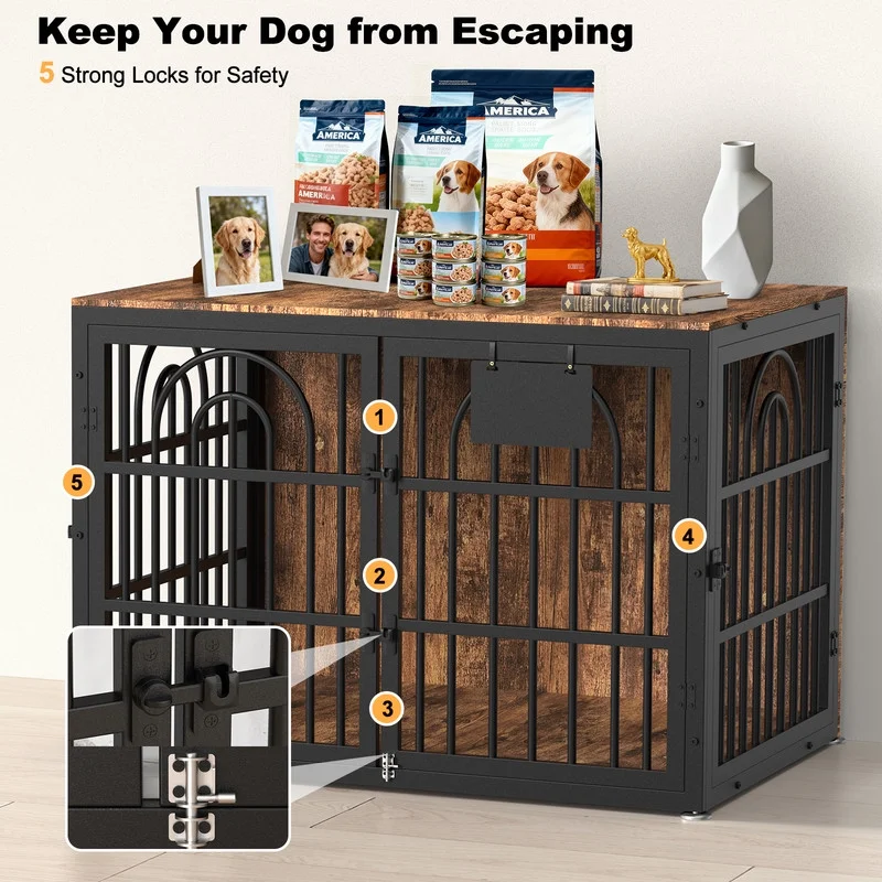 Dog Crate Furniture with Cushion, Wooden Dog Kennel End Table with Double Doors, Heavy Duty Indoor Dog House for Small Medium Large Dogs