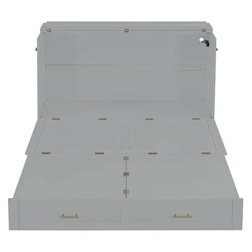 Harper & Bright Designs Queen Size Murphy Wall Bed, Chest Cube Cabinet With USB, Charging Station and Large Storage Drawer for Home Office