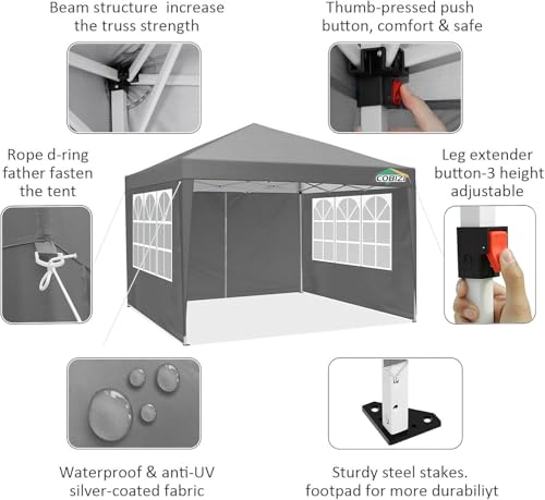 COBIZI 10x10 Pop up Canopy Tent Protable Canopy Tent with 4 Sidewalls Waterproof Commercial Instant Shelter for Parties, Wedding