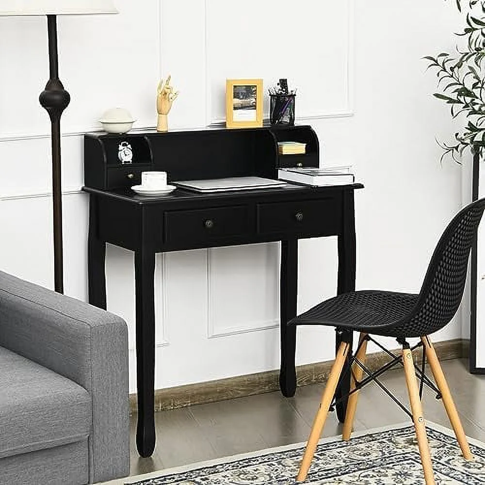 JYHOME Small Writing Desk with Removable Hutch  2-Tier Vanity Table with 4 Drawers  3 Cubbies &amp
