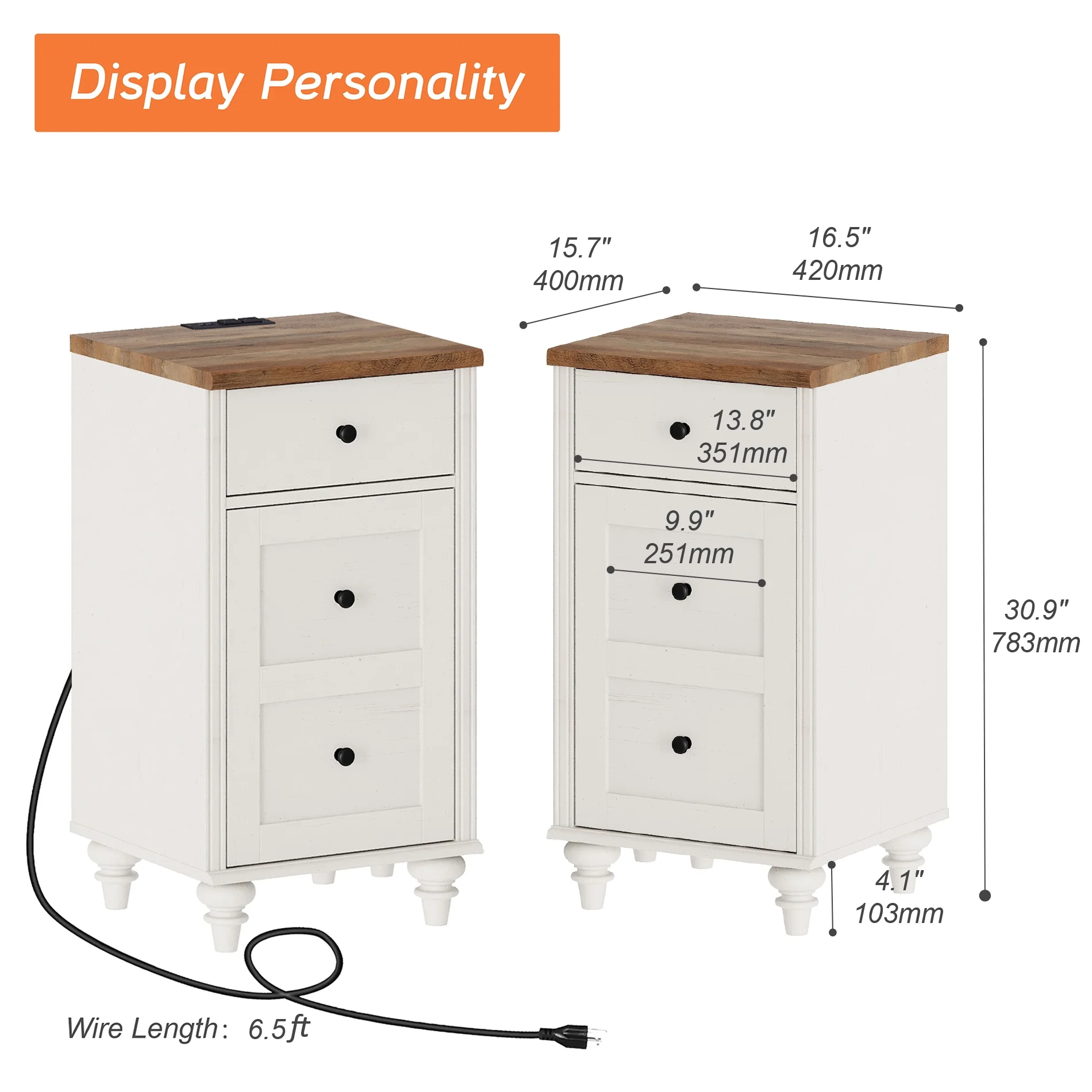 Set of 2 Nightstand with Charging Station, Bedside Table Built-in Outlets, Wood End Table with Drawer and Storage for Living Room, Bedroom,Off-White