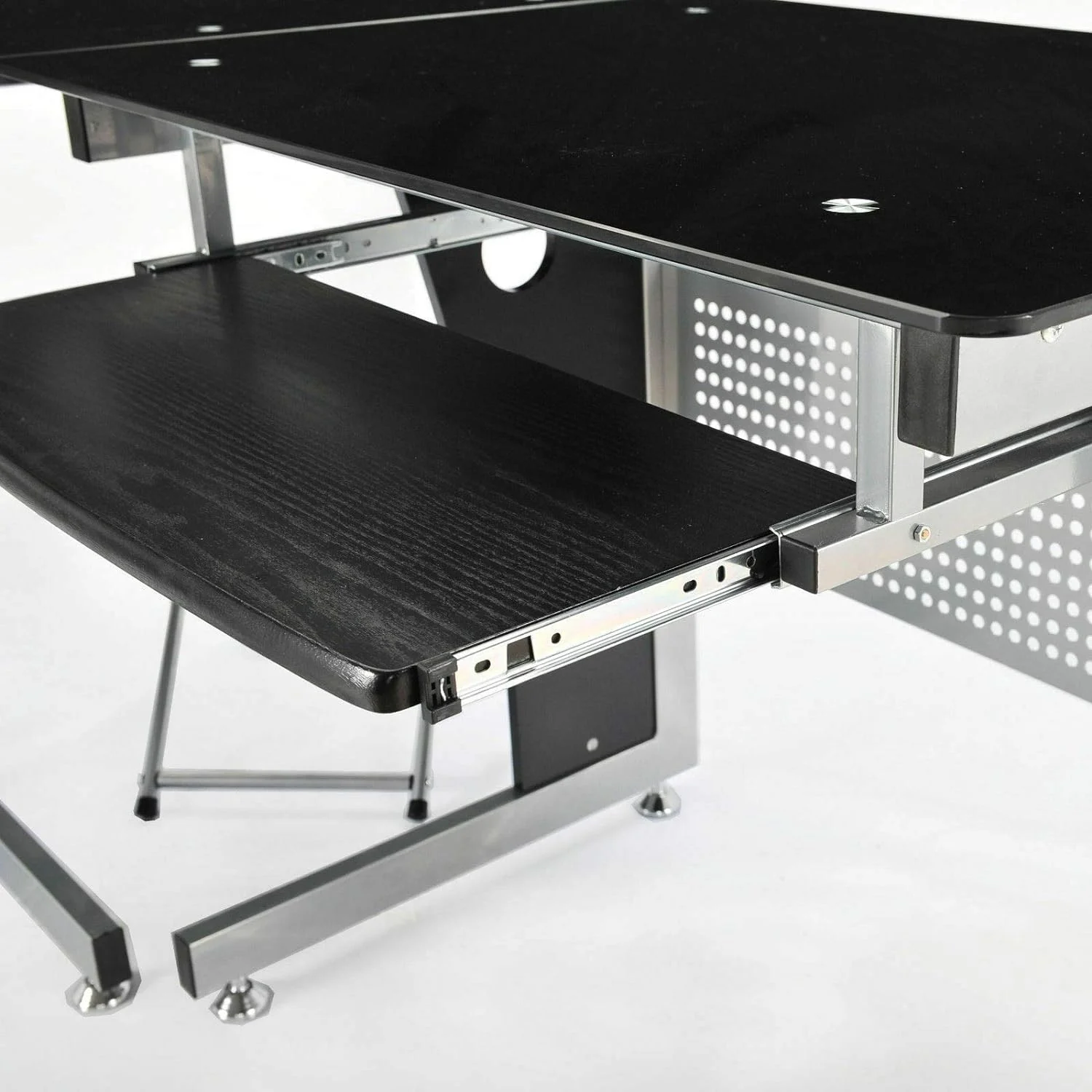 Black L-Shape Corner Tempered Glass Top Computer Desk Slide-Out Keyboard Tray CPU Tower Stand Laptop Notebook PC Workstation Study Writing Reading