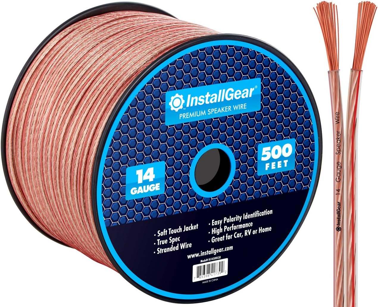 InstallGear 14 Gauge AWG 500ft Speaker Wire Cable - Clear (Great Use for Car Speakers Stereos, Home Theater Speakers, Surround Sound, Radio) Pack of 2