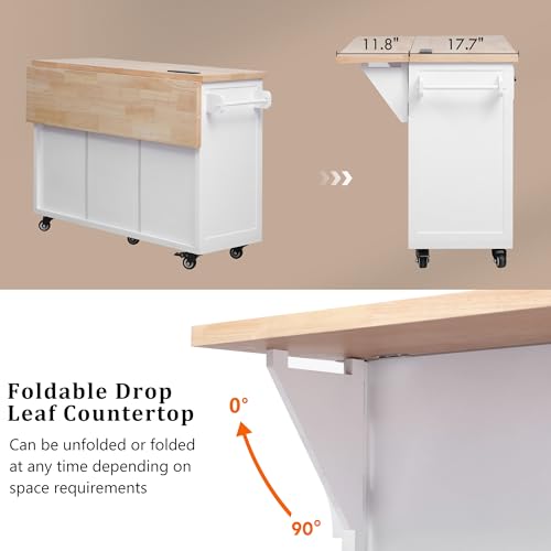 Kitchen Island with Drop Leaf & Power Outlet, Rolling Kitchen Islands Cart with 5 Open Storage Shelves & Towel Rack