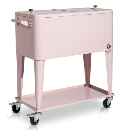 Bueuwe 80 Quart Rolling Ice Chest on Wheels, Portable Patio Party Bar Drink Cooler Cart with Shelf, Beverage Pool with Bottle Opener,Water Pipe