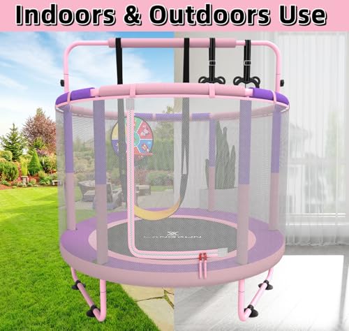 LANGXUN 60" Trampoline for Kids, 5ft Toddler Mini 6-in-1 Trampoline Indoor Outdoor with Swing, Basketball Hoop, Dart Board, Gymnastics Bar, Rings