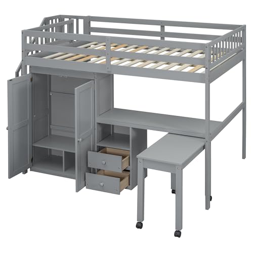 Harper & Bright Designs Twin Size Loft Bed with Stairs and Bookshelf, Wood Twin Storage Bed with Desk & Wardrobe