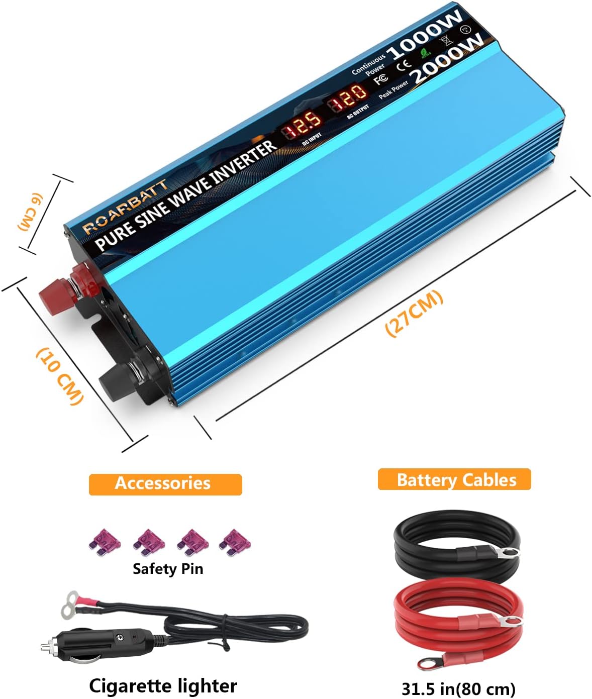 ROARBATT Pure Sine Wave Inverters 1000W Continuous/2000W Peak DC 12V to AC 110V Car Power Inverter 2 AC Outlets & 3.4A USB Output