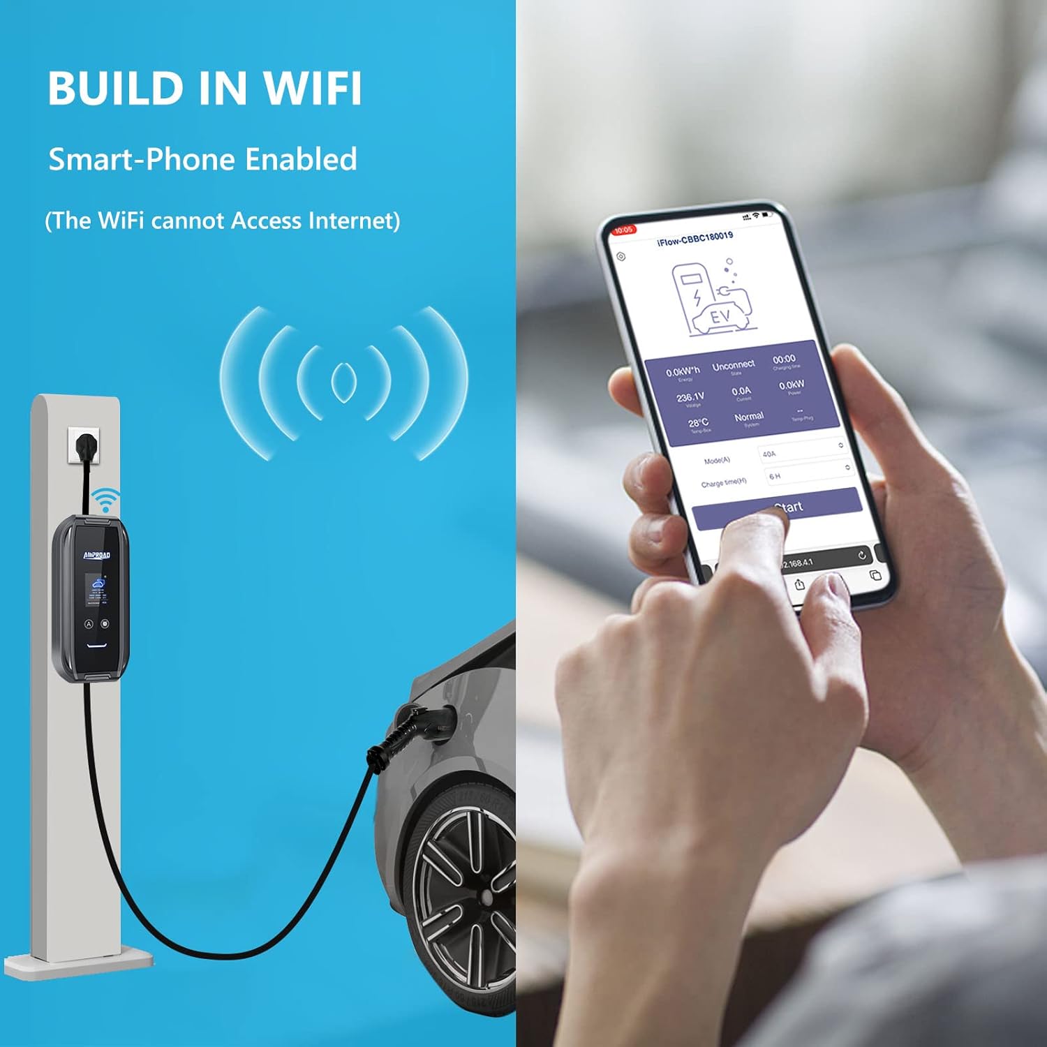 AMPROAD iFlow P9 EV Charger Level 2, 40/32/24 Amp Adjustable, 240V EVSE with WiFi, Versatile for Portable & Wall Charger (NEMA 14-50, 25 Foot Cable)