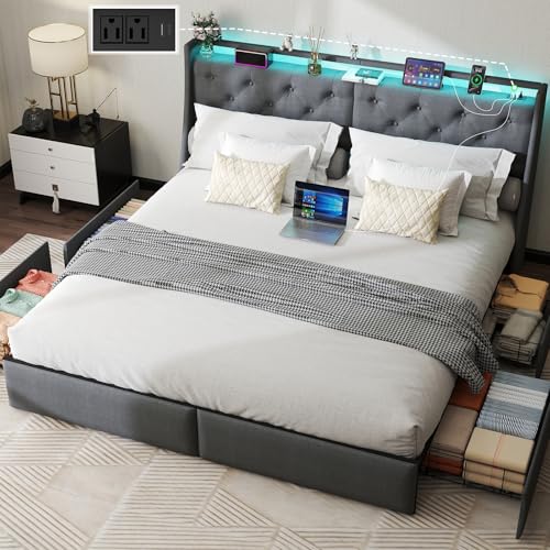Queen Bed Frame with 2 Storage Drawers, Platform Bed Frame Queen Size with LED Light, Upholstered Headboard, Charging Station, Steel Slat Support