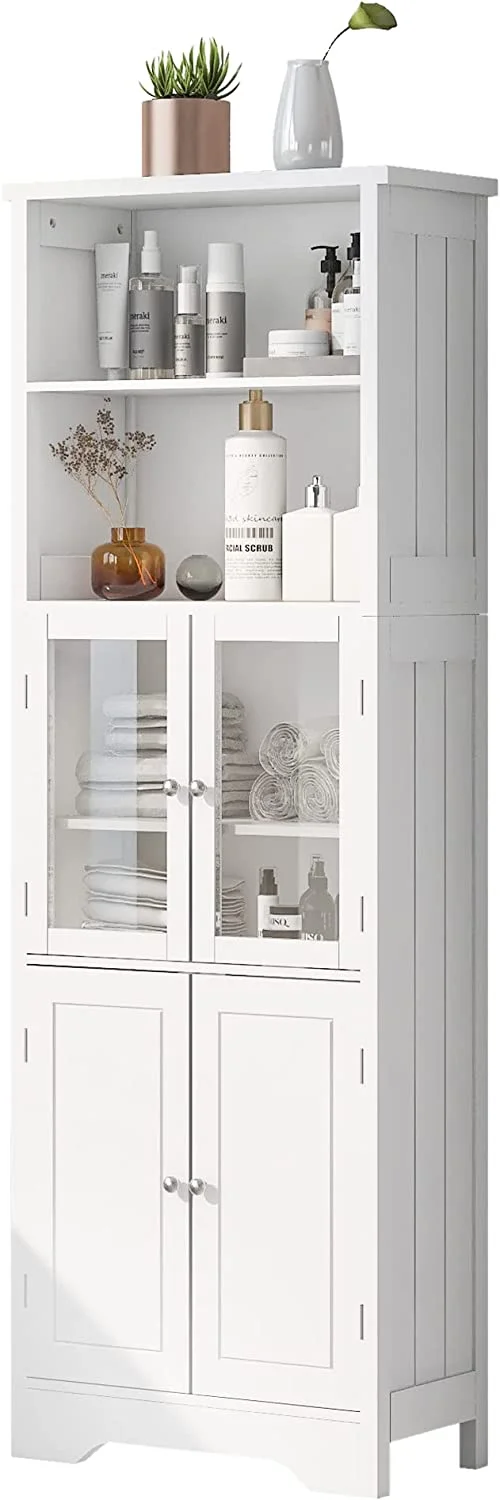 WANHUI, White Storage Cabinet with Glass Doors, Open Bookcase, Pantry Cupboard, Freestanding Organizer Display for Bathroom, Kitchen, Office