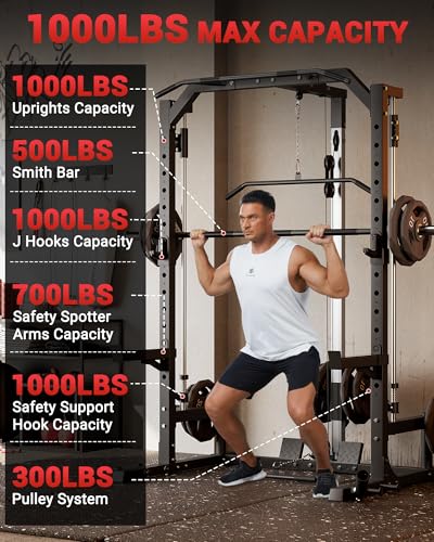 Smith Machine Home Gym with Barbell Bar, Cable System, Lat Pulldown Attachments, Safety Spotter Arms, J Hooks, Landmine