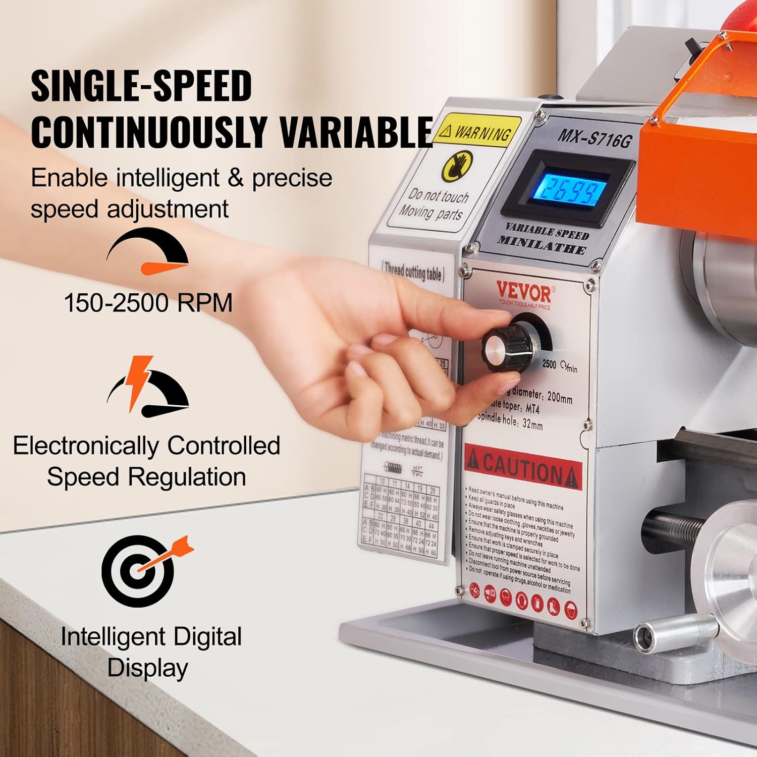 VEVOR Mini Metal Lathe Machine, 7'' x 16'', 800W Precision Benchtop Power Metal Lathe, 150-2500 RPM Continuously Variable Speed