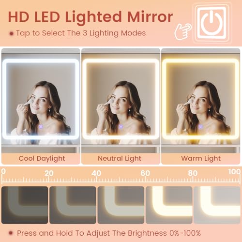 DICTAC Makeup Vanity Desk with Sliding LED Lighted Mirror, 47.2"W Large Vanity Desk with Drawers, Shelves and Side Storage, RGB Glass Cabinet
