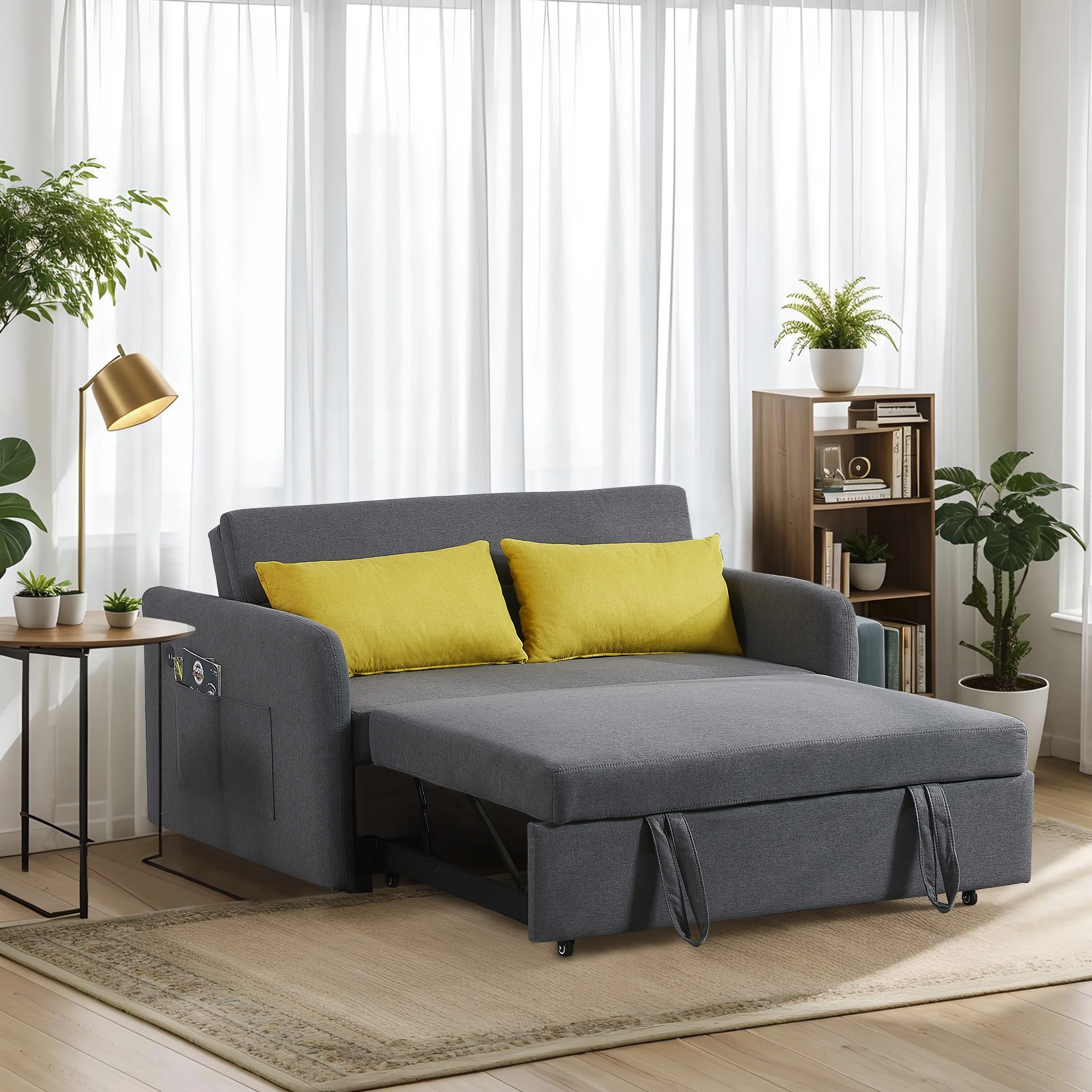 Gexpusm Convertible Sofa Bed with Pull Out Sofa Bed, 55" Loveseat Sleeper Sofa Couch with USB Port and 2 Side Pockets, Gray