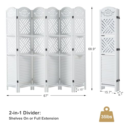 Room Divider with Shelves, 5.75ft Tall Folding Wood Carved Screen with Double Hinges for Home Office Bedroom Hotel Decoration (6 Panels, Natural)