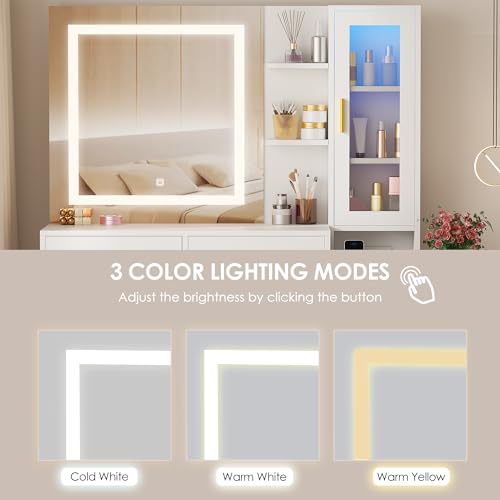 ANWBROAD 51.8" Makeup Vanity Desk with Mirror and Lights White Vanity Table with RGB Storage 8 Drawers Power Outlet Large Dresser Dressing Table with
