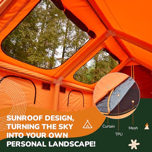 YOLENY Inflatable Tents for Camping, 4/6/8/10/12 Person Tent with TPU Skylight, Mesh Windows, Stove Jack & Pump, Easy Setup 4 Season Glamping Tent