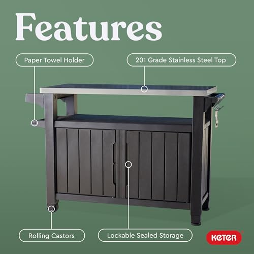 Keter Outdoor Rolling Table Cart for Food Prep, Storage, Bar & Grill, Dark Brown - Portable Kitchen Island Tabletop with Wheels for Drinks, Snacks