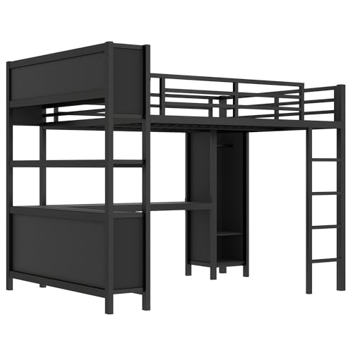 Harper & Bright Designs Full Loft Bed with Desk, Metal Loft Beds with Storage Shelves, Desk, and Wardrobe, Heavy-Duty Loft Bed Frame for Kids, Teens