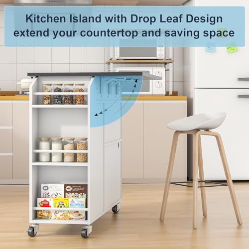 Kitchen Island with Drop Leaf, Rolling kitchen island with power outlet and Led Light, Kitchen Island with Storage Cabinet, Spice Rack, Drawer