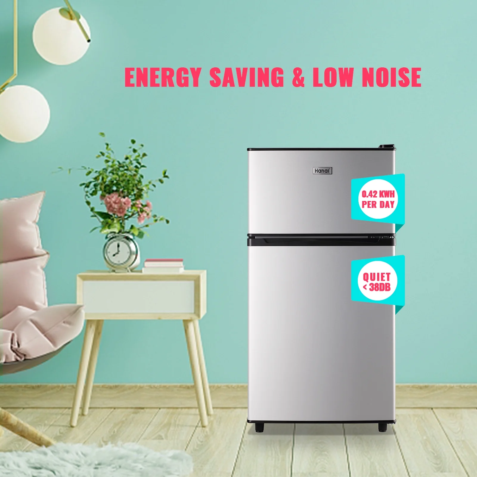 WANAI 3.5 Cu.ft Dual Door Mini Fridge with Freezer Compact Retro Refrigerator with Wire Rack Silver