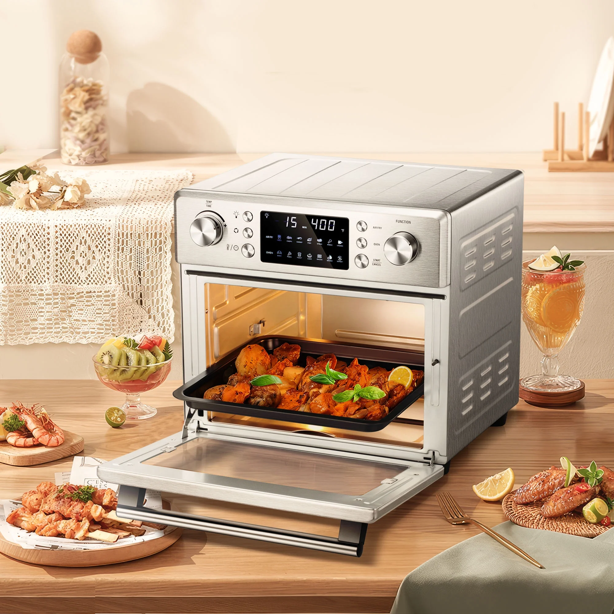 Besttey 26.4 QT Countertop Oven 1700W Stainless steel Convection Oven 14-in-1 Air Fryer, New