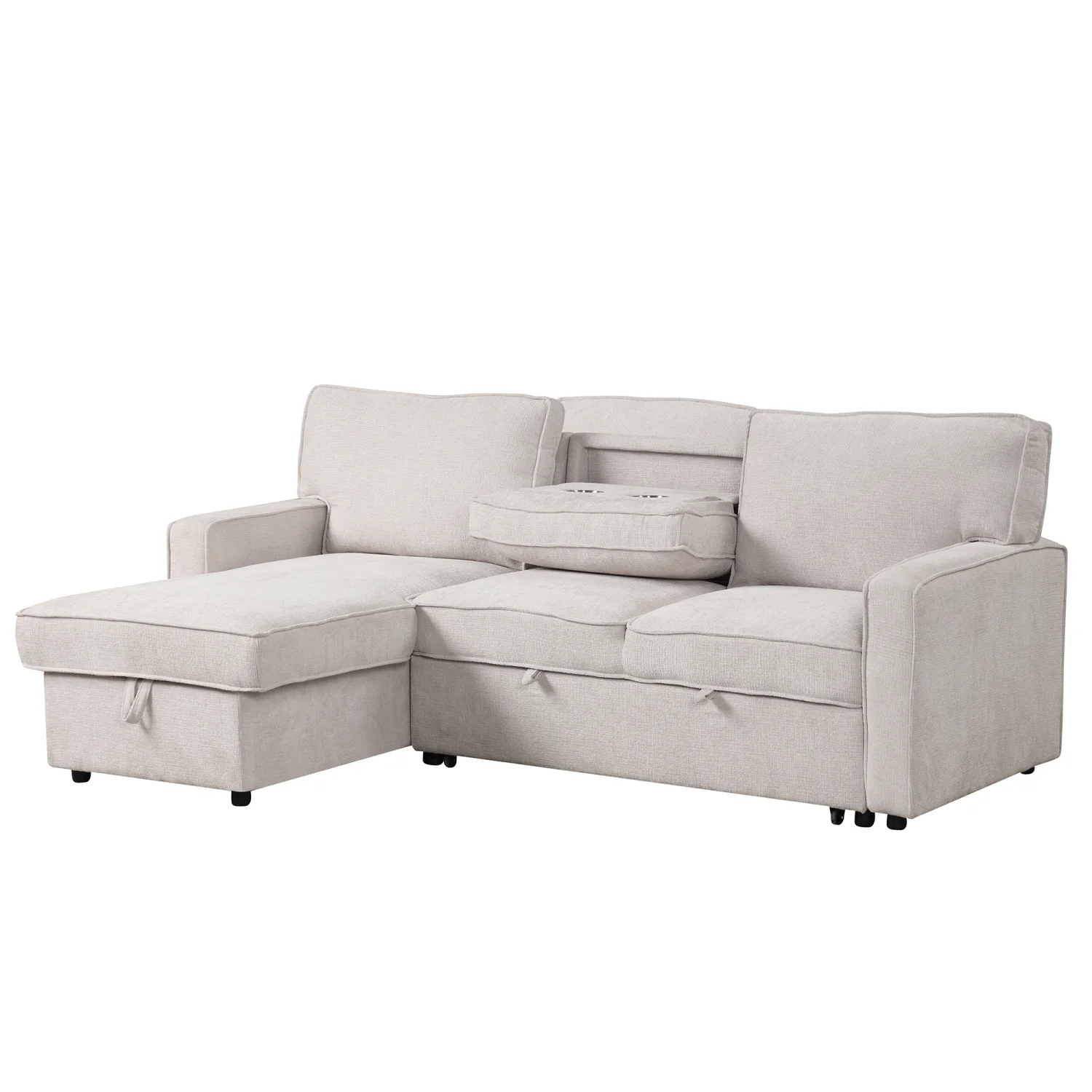 Churanty Pull Out Sofa Bed Sectional 3 Seater Sleeper Sofa Bed with with Storage chaise USB Port and 2 Cup Holders for Living Room Apartment,Beige