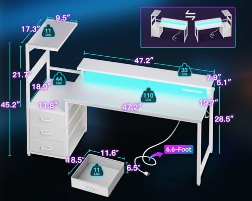 AODK 59 Inch Gaming Desk with USB Charging Ports & LED Light- Reversible Computer Desk with Storage Shelves & Monitor Stand