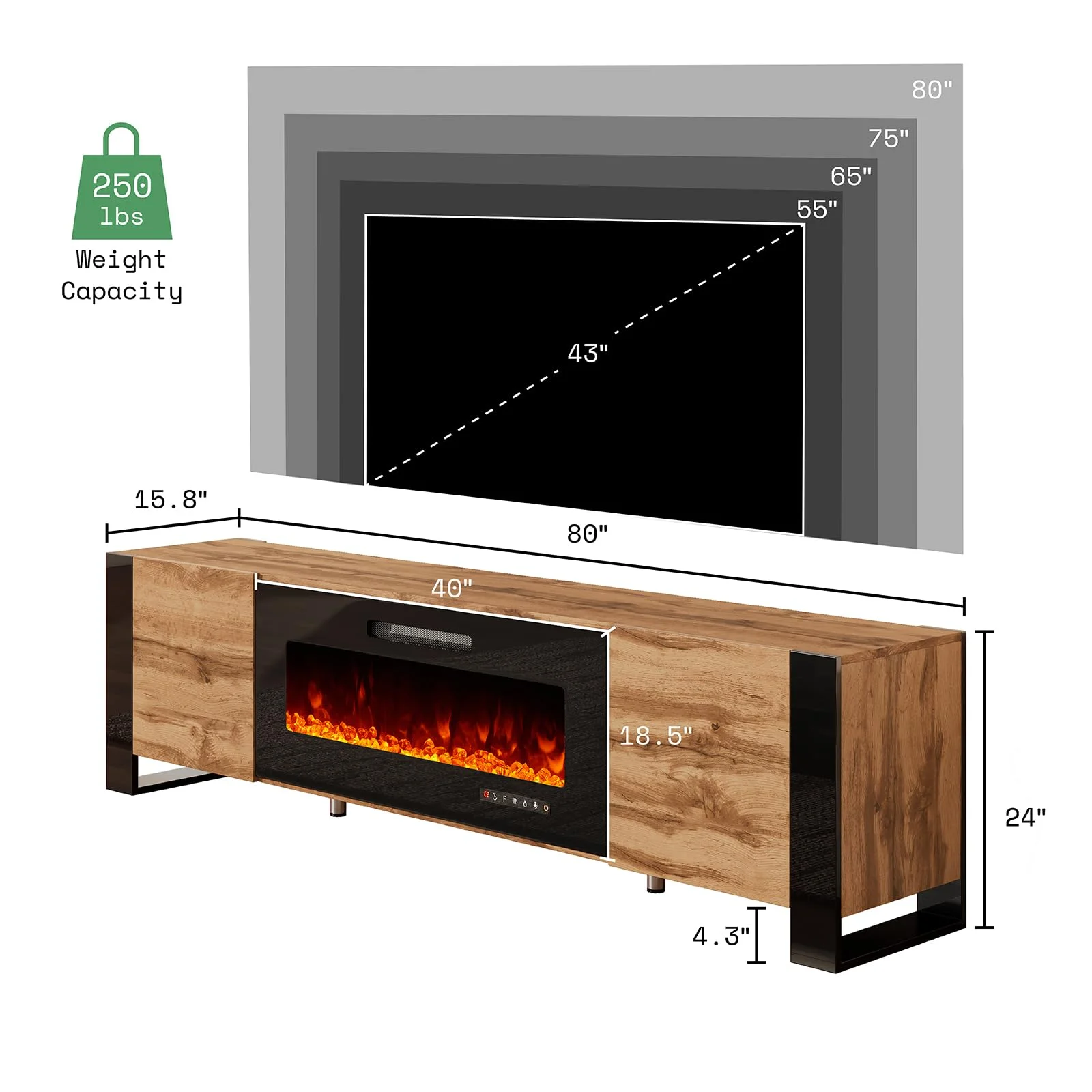 AMERLIFE Fireplace TV Stand, 80" Entertainment Center LED Lights, Rustic Oak