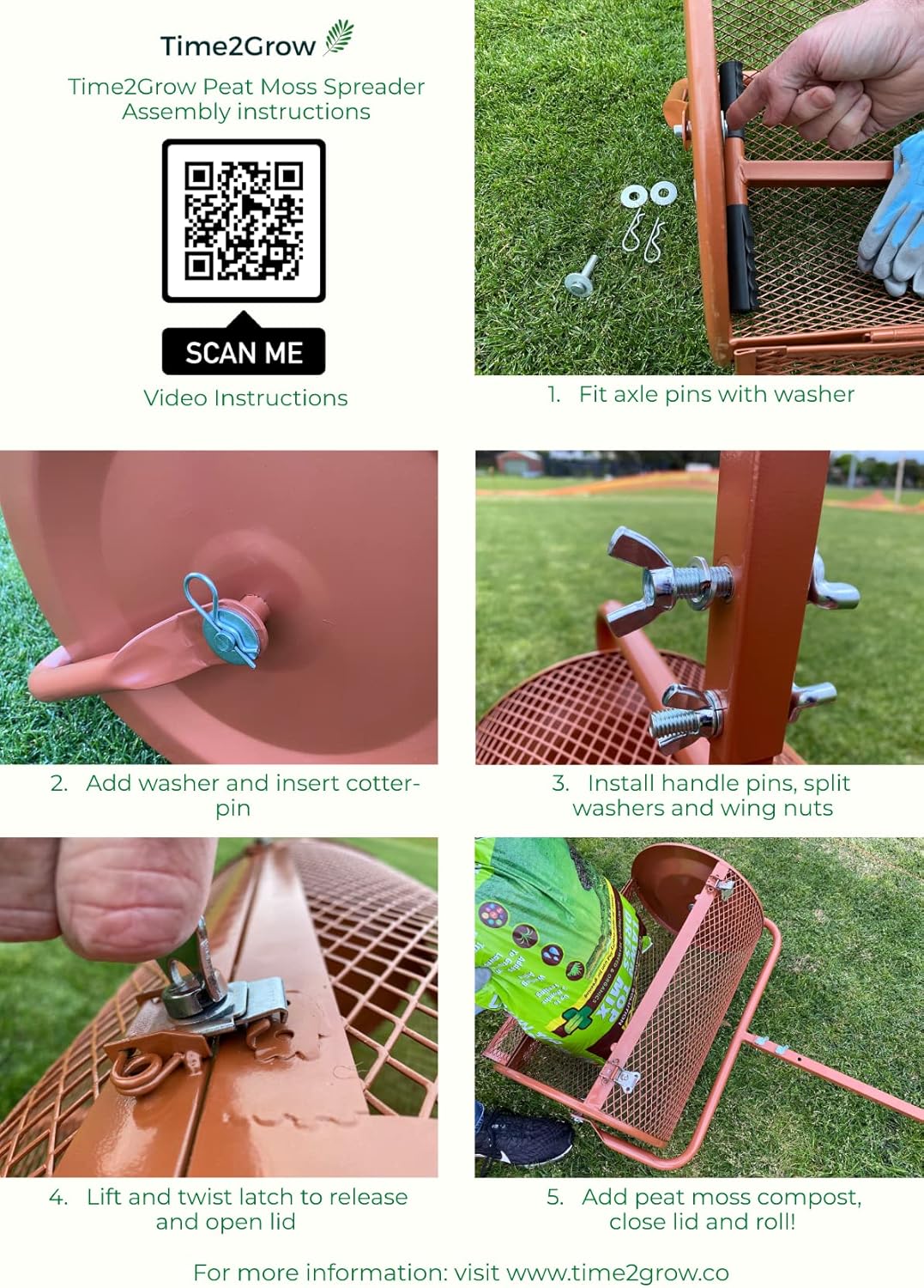 Time2Grow Peat Moss Spreader. Compost Spreader 24. No Tool Assembly. Heavy Duty Latches. Durable Lightweight Lawn Care Equipment