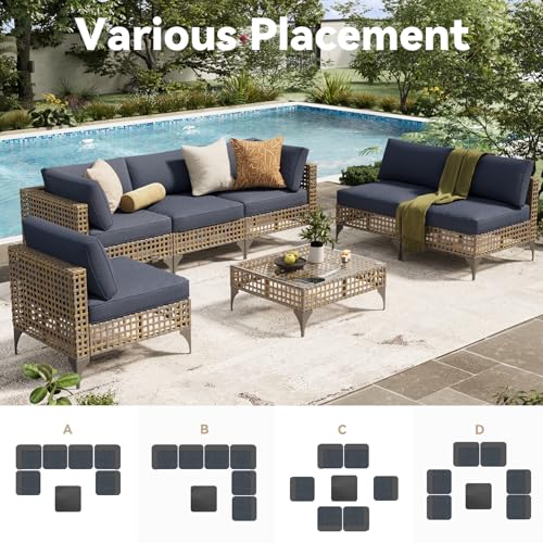 U-MAX 7 Piece Outdoor Patio Furniture Set, PE Rattan Outdoor Wicker Sectional Furniture Chair Set with Cushions and Tea Table