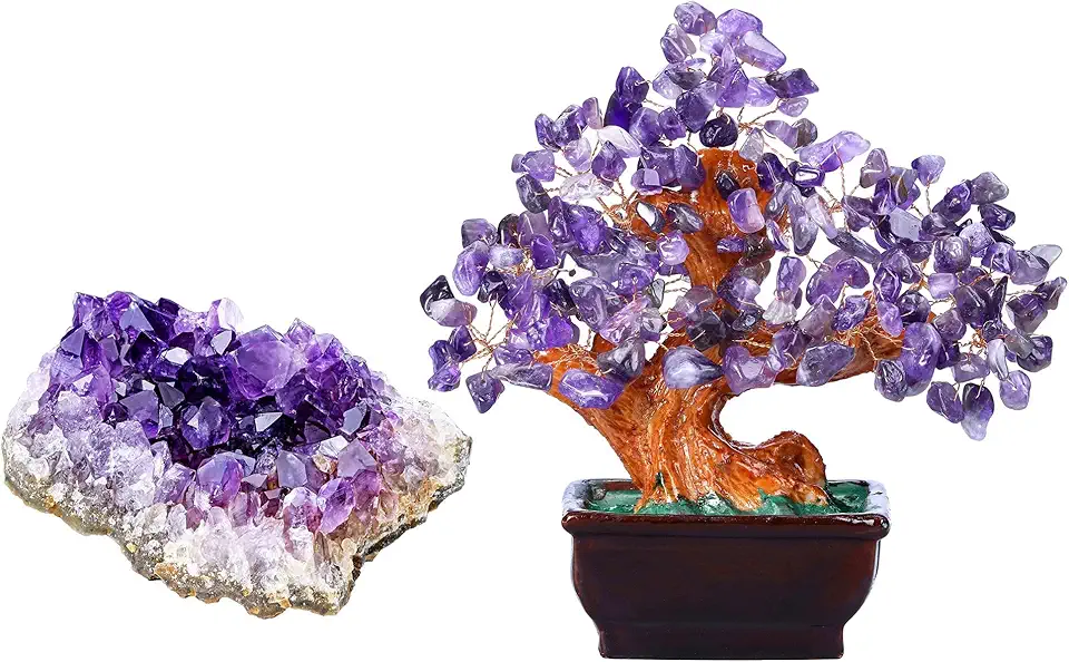 Bundle - 2 Items Amethyst Clusters Natural Raw Geode Healng Crystals Stone + Natural Purple Amethyst Healing Crystal Gem Money Tree Resin Base