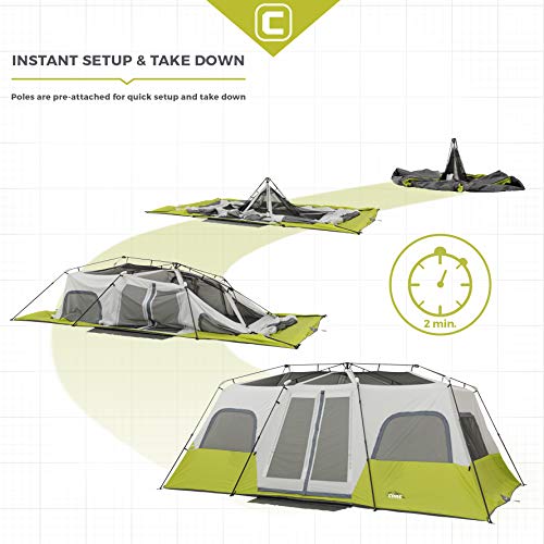CORE Instant Cabin Tents | 6 Person / 9 Person / 10 Person / 12 Person Family Cabin Multi Room Pop Up Tents Car Camping | Included Storage Pockets