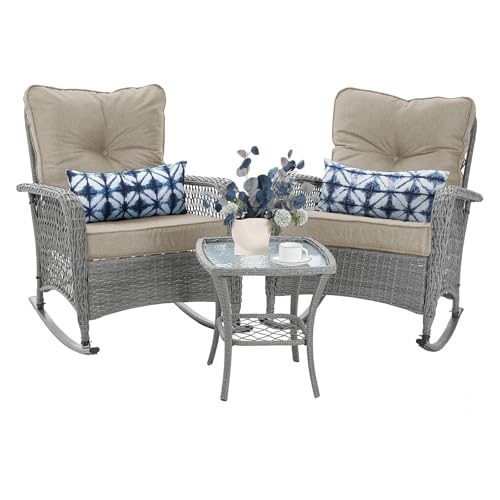 Patio Furniture Set 3 Pieces, Wicker Rocking Bistro Set with Thick Cushions, Outdoor Rocker Chairs and Coffee Table for Porch