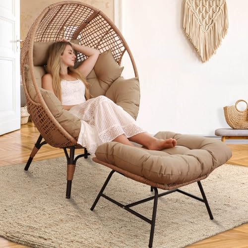 NICESOUL Stationary Egg Chair Indoor Outdoor Wicker Oversized Thick Cushions Egg Shaped Loveseat Chair