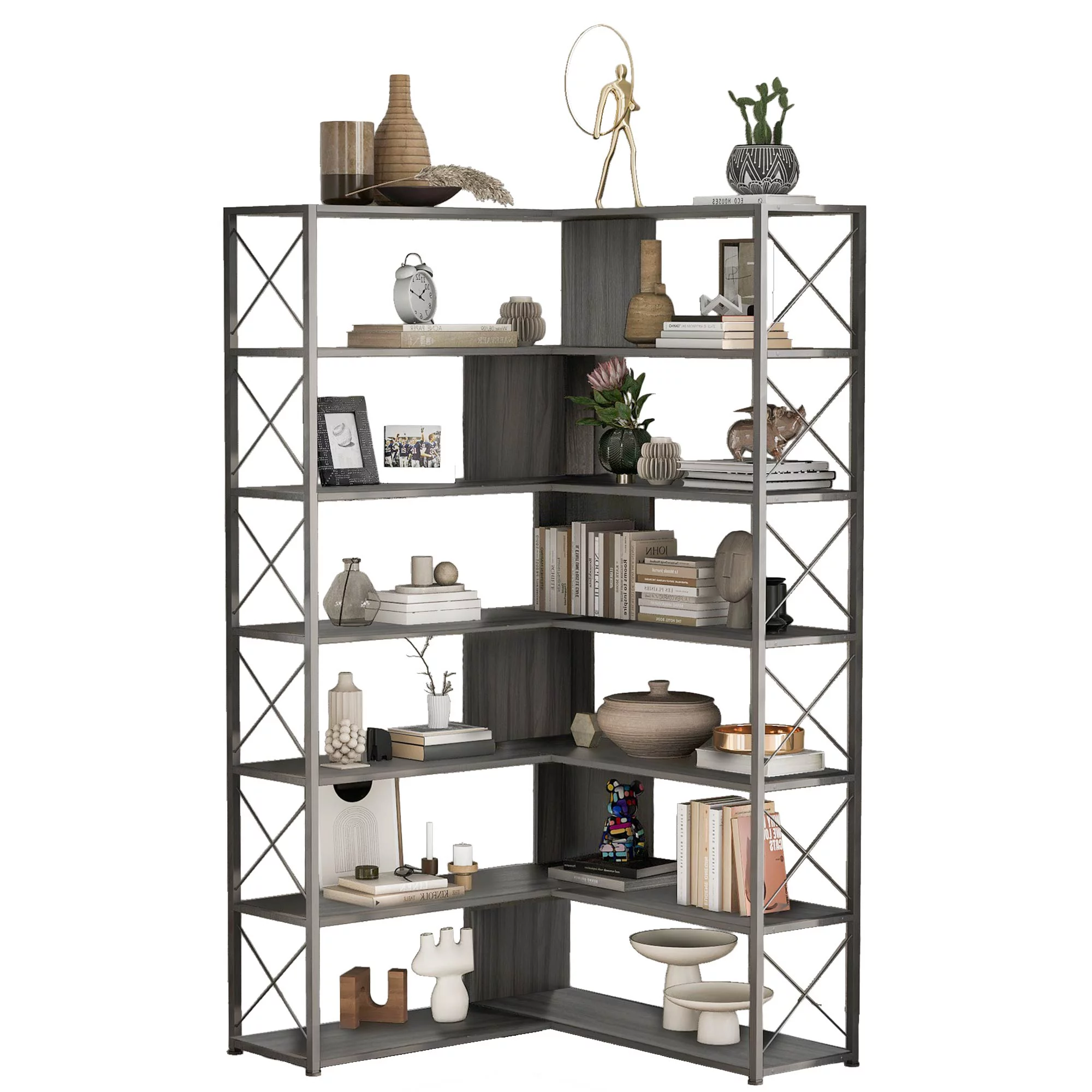 Industrial 7 Tier L-Shaped Corner Bookshelf, Large Home Office Bookcase with Metal Frame, Tall Storage Shelf Display Rack
