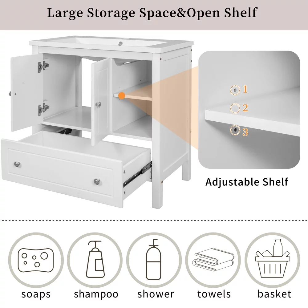 30" Bathroom Vanity with Sink, Bathroom Storage Cabinet with Doors and Drawers, Solid Wood Frame, Ceramic Sink, White