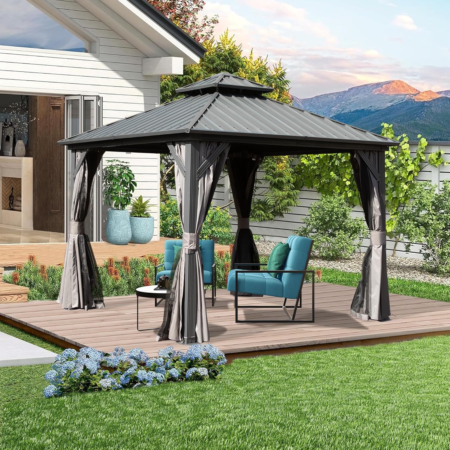 Domi 8x8FT Hardtop Gazebo, Outdoor Gazebo with Galvanized Steel Double Roof Canopy, Curtain and Netting, Metal Gazebo Pavilion for Patio, Lawn