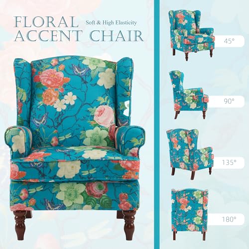 MELLCOM Floral Accent Chair, High Back Upholstered Armchair with Solid Legs, Leisure Single Sofa Chair for Living Room, Bedroom, Home Office