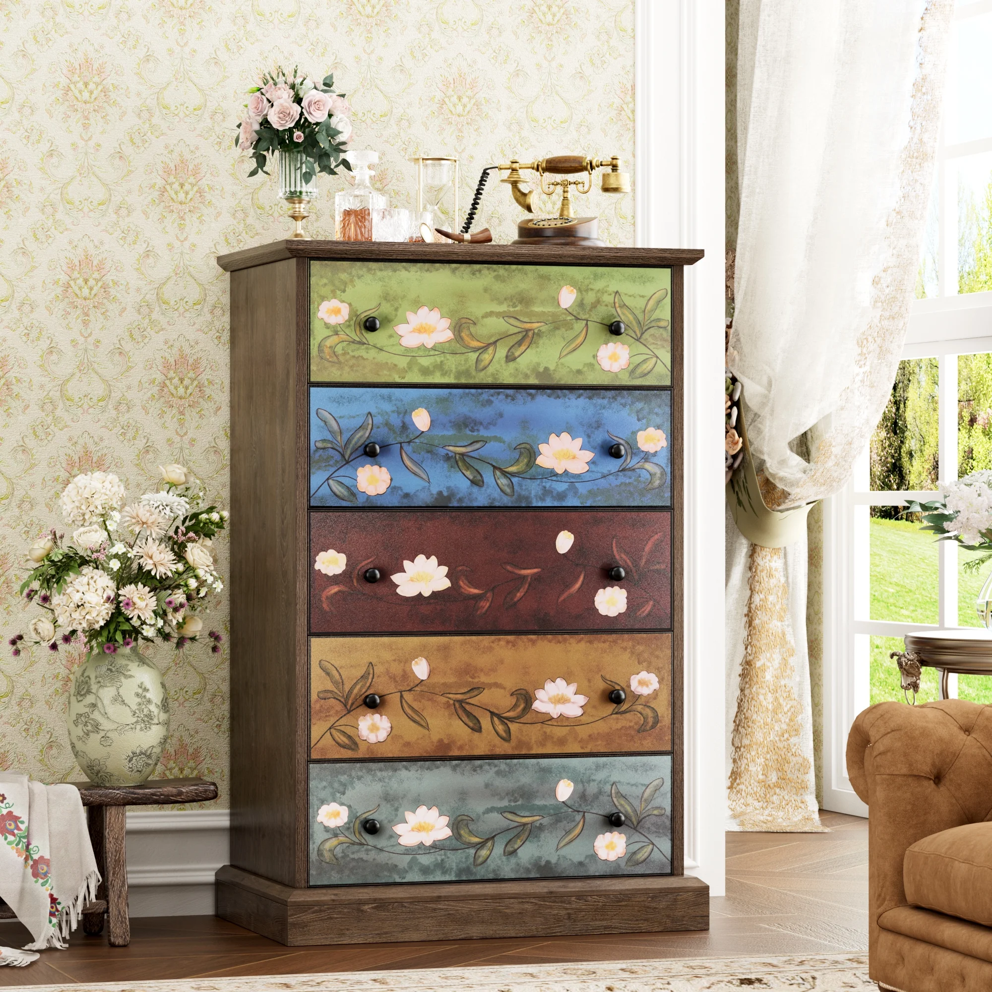 Homfa 5 Drawer Dresser for Bedroom, Boho Wood Storage Cabinet for Entryway Living Room, Wide Top, Study Base, Women