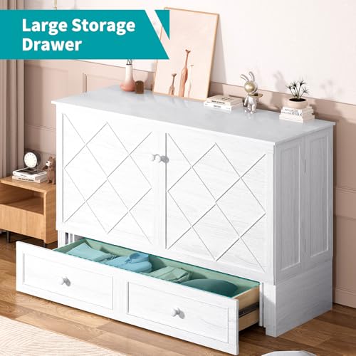 BALUS Murphy Bed Cabinet, 63" W Queen Cabinet Cube Chest Bed with Tri-fold Mattress, Charging Station