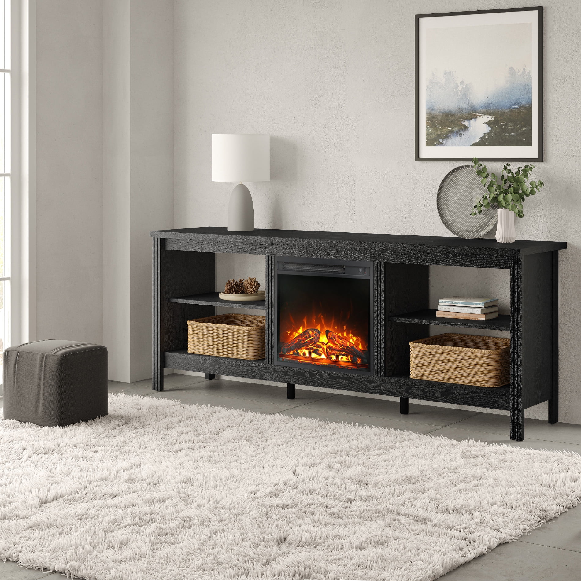 Fireplace TV Stand for 75 inch TV , Wood Entertainment Center with Electric Fireplace for Living Room Bedroom, 70 inch, Black