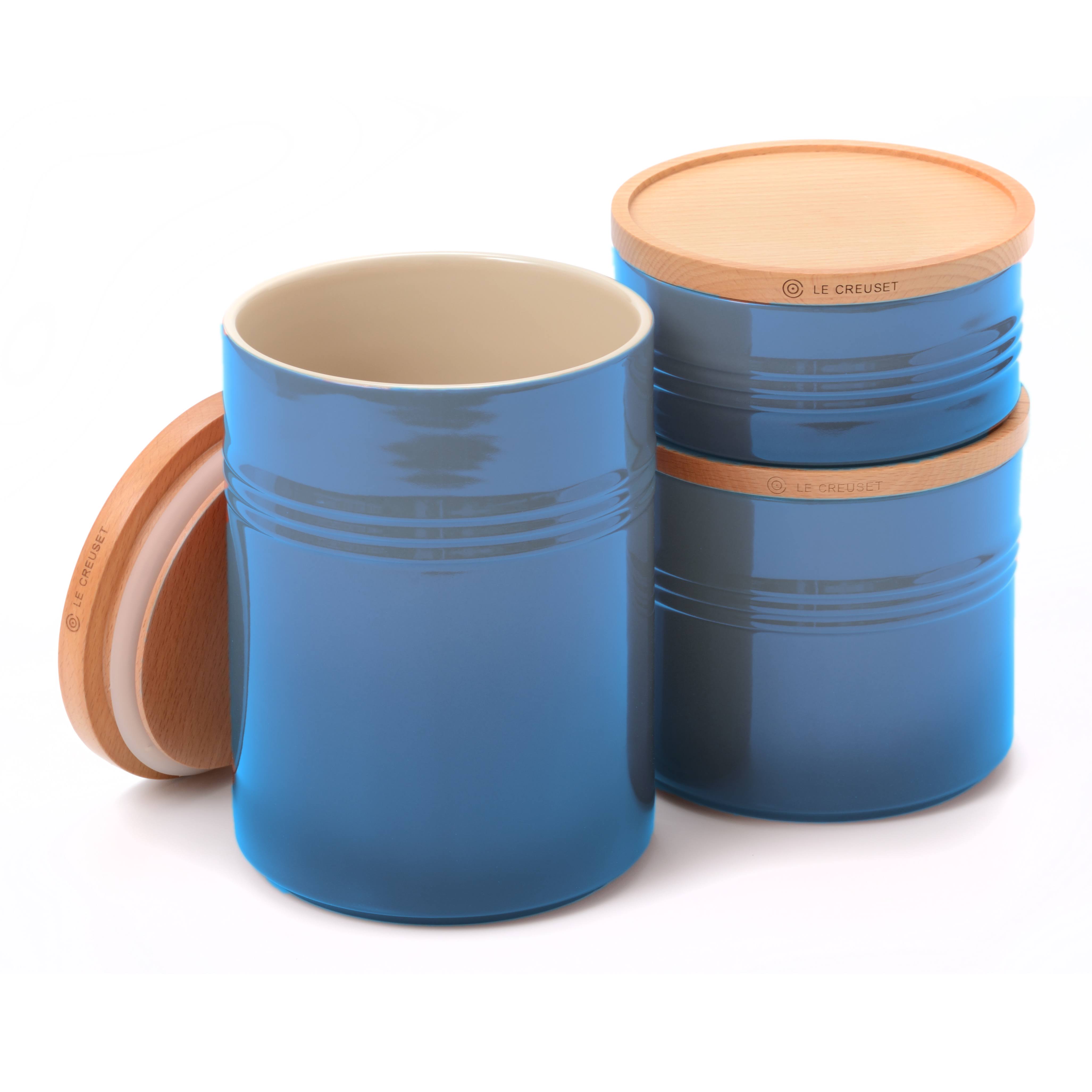 Le Creuset Marseille Stoneware 3 Piece Canister with Wooden Lid Set