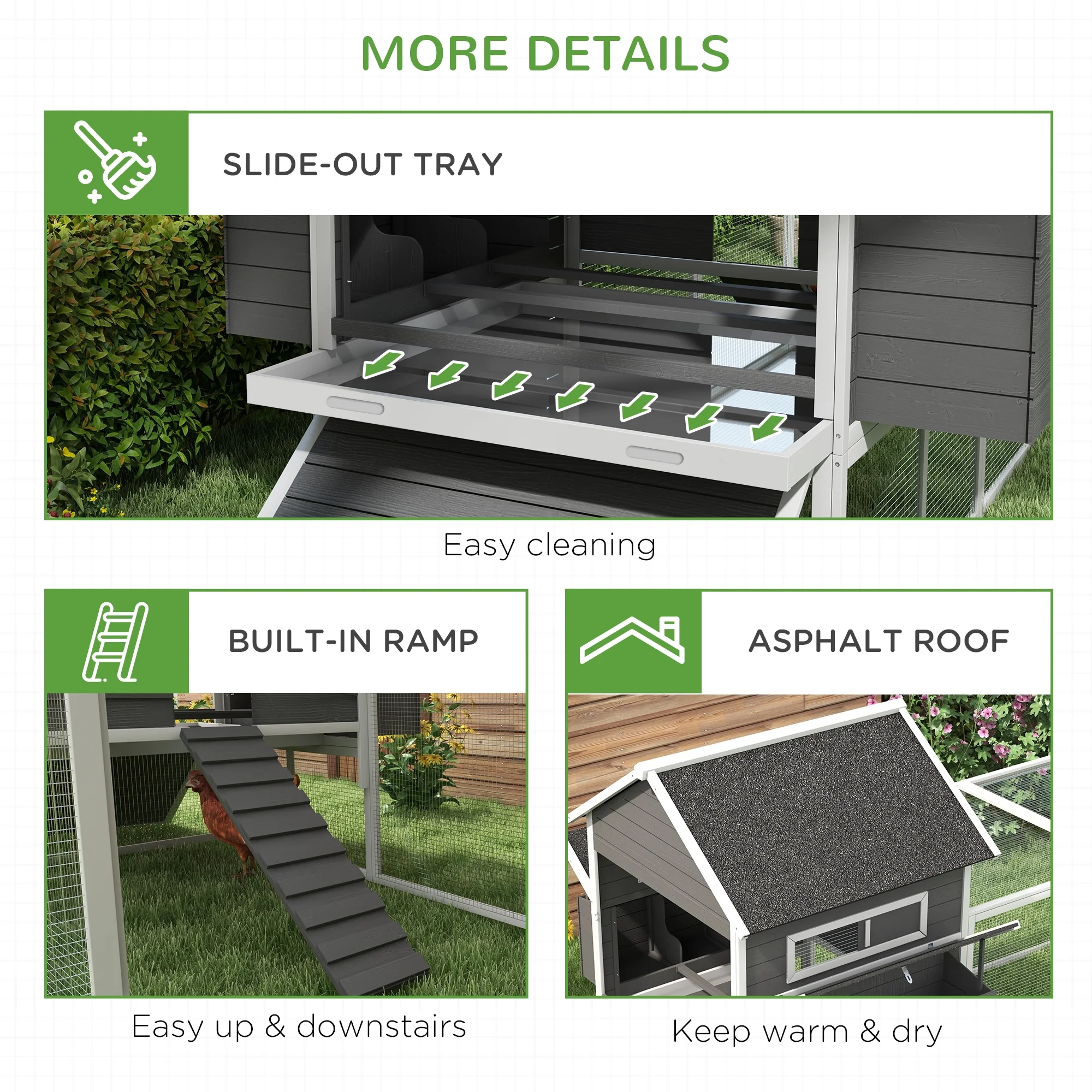 PawHut 137" Wooden Chicken Coop for 8-10 Chickens, Backyard, Gray - Curated Treasures Market