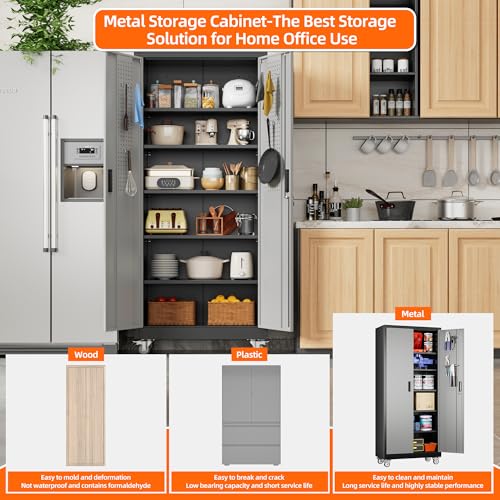Metal Storage Cabinet with Wheels, 73" H Rolling Garage Cabinets with Locking Doors and Adjustable Shelves for Home Office, Basement, Pantry, Workshop